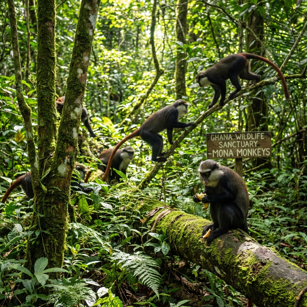 African wild monkeys playing in lush green trees of Nsuhiaman Monkey Sanctuary