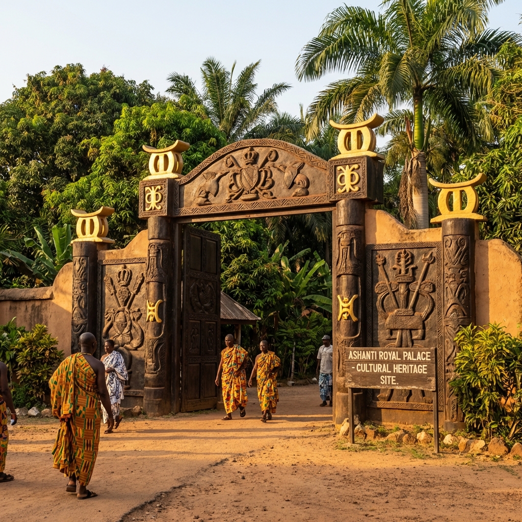 Majestic traditional Akan palace entrance in Nsuhia, Dormaa, featuring intricate architecture and cultural symbols