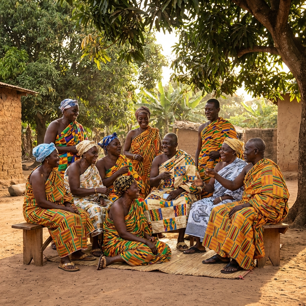 Resilient people of Nsuhia, Dormaa, gathered in community, wearing traditional vibrant Kente cloth