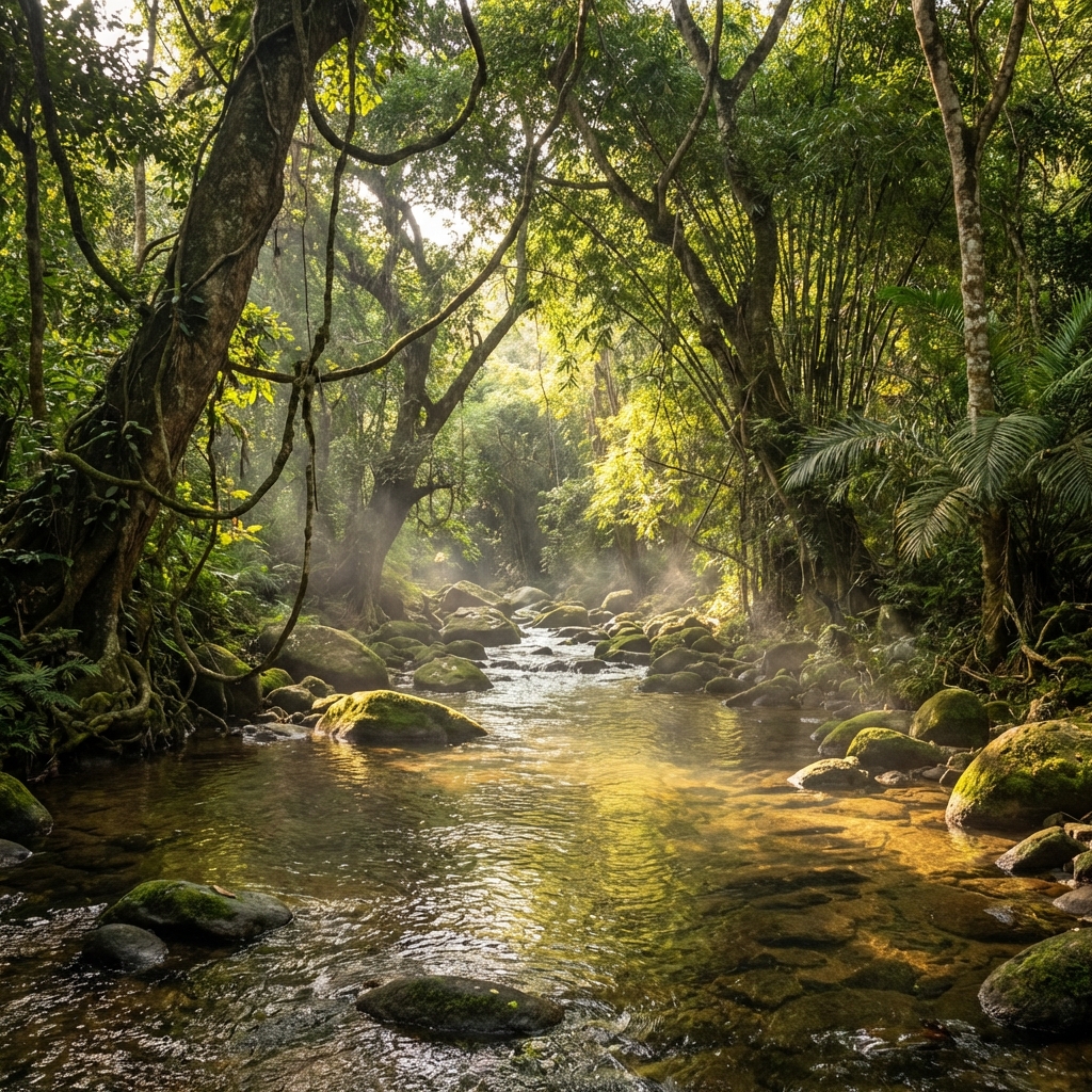 Sacred river flowing through the lush forests of Nsuhia, representing life and purity